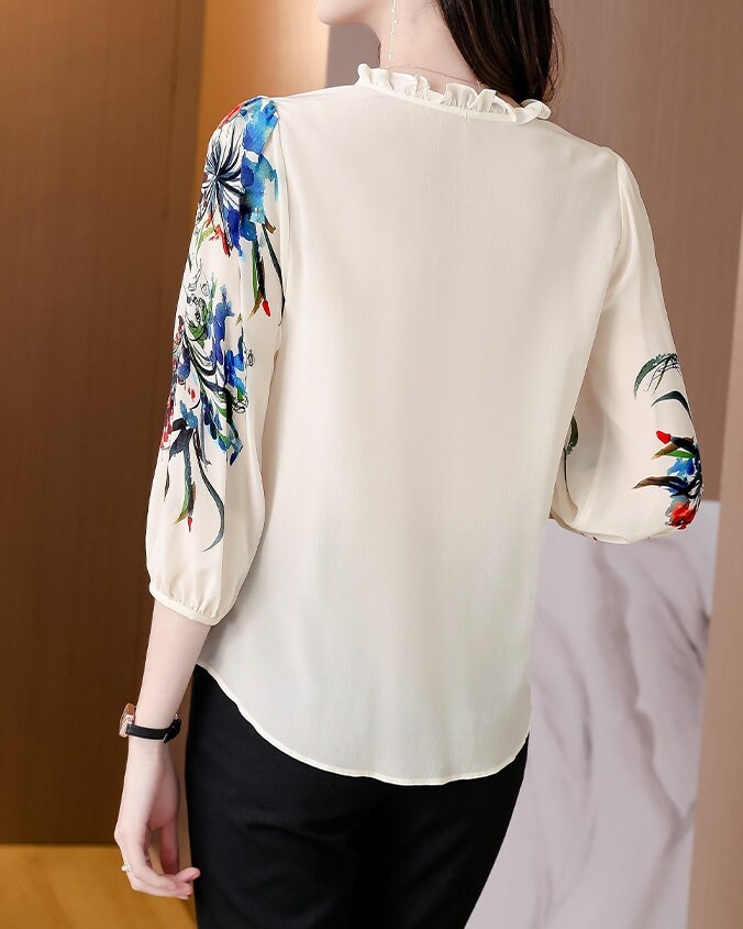 Chiffon Floral Sleeves Blouse, Designer Woman Silk Elegant Button Shirt Smart Casual Formal Event Party Gift for her