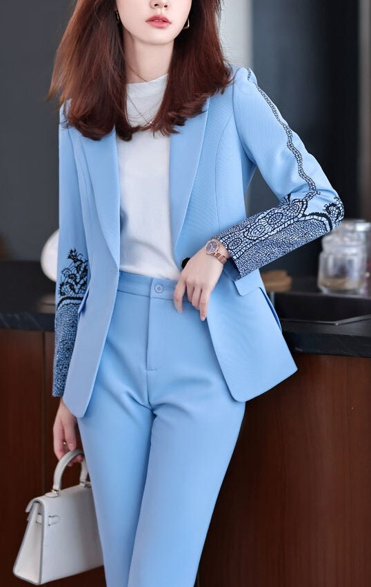 Woman Pantsuit Blue/Pink/White Tatoo Sleeves, Designer Silm Cut Blazer + Pants Smart Casual Formal Event Party Gift for her