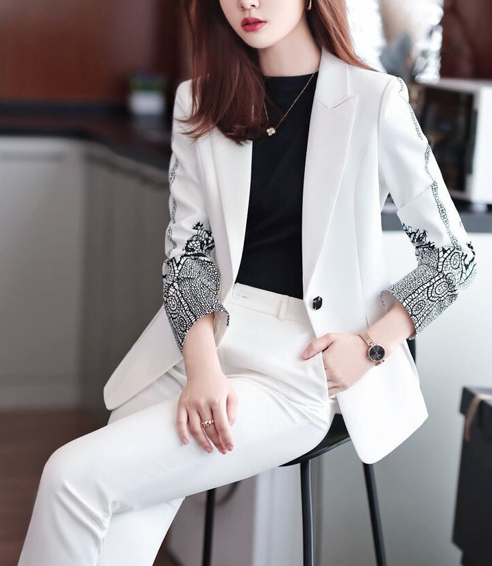 Woman Pantsuit Blue/Pink/White Tatoo Sleeves, Designer Silm Cut Blazer + Pants Smart Casual Formal Event Party Gift for her