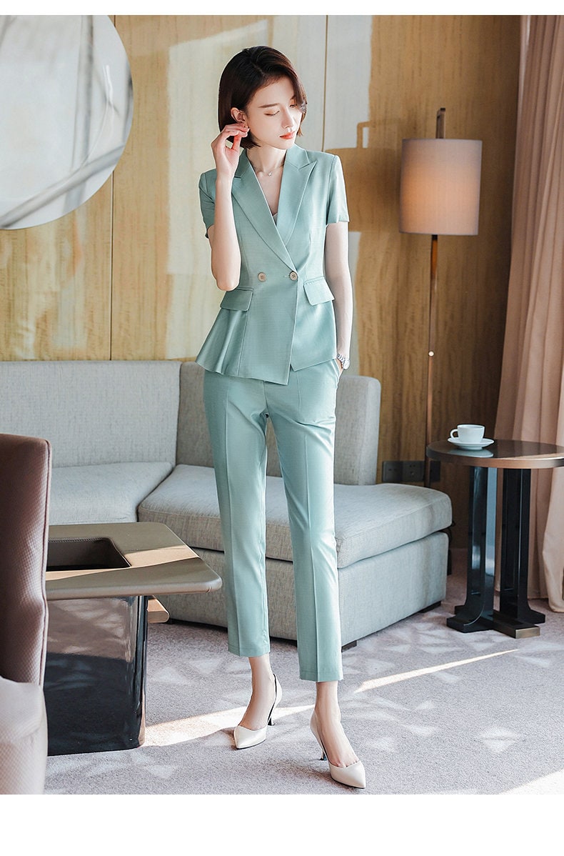 Pastel Green/ Black Dress Suit/ Pantsuit in Extra Large size, Designer Women Blazer + Dress/ Pants set Formal Events Office Clothing