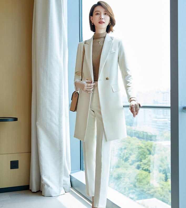 Women Long Coat + Pants Pantsuit in Extra Large Khaki/ Beige/ Black, Women Blazer Suit Jacket and Pants for Event Party Formal Office Gift