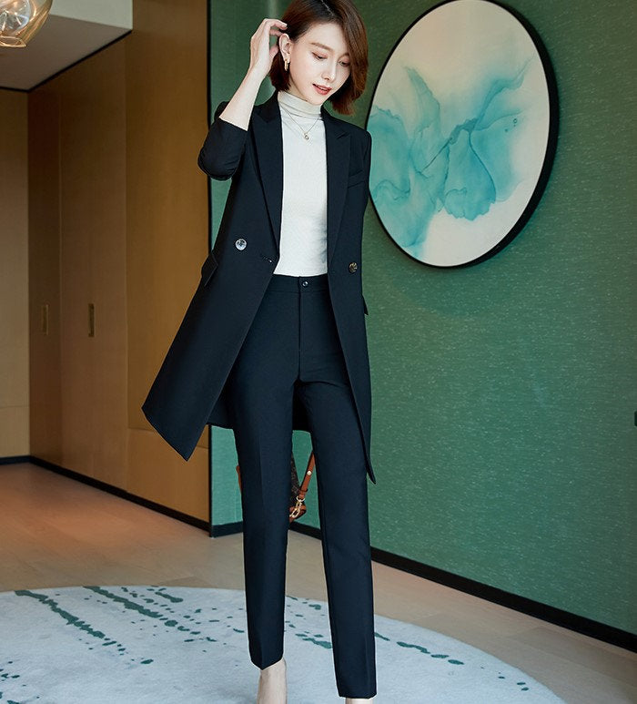 Women Long Coat + Pants Pantsuit in Extra Large Khaki/ Beige/ Black, Women Blazer Suit Jacket and Pants for Event Party Formal Office Gift