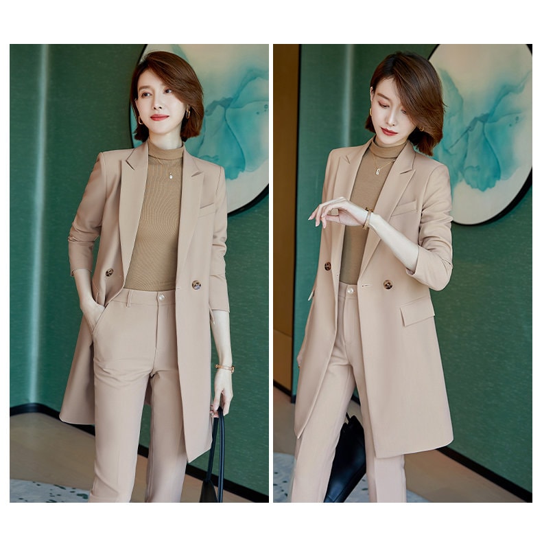 Women Long Coat + Pants Pantsuit in Extra Large Khaki/ Beige/ Black, Women Blazer Suit Jacket and Pants for Event Party Formal Office Gift