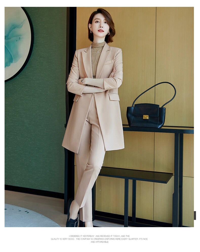 Women Long Coat + Pants Pantsuit in Extra Large Khaki/ Beige/ Black, Women Blazer Suit Jacket and Pants for Event Party Formal Office Gift