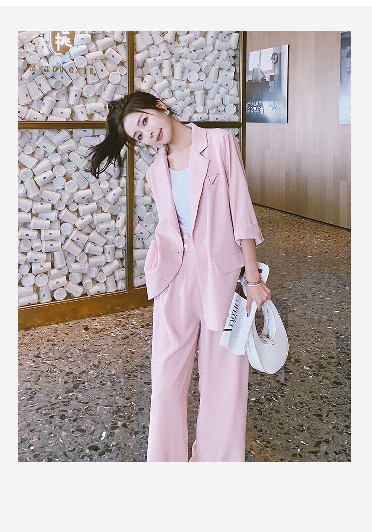 Women Summer Pink/ Black Pantsuit, Designer Blazer and Pants Set for Formal Event Office Work Minimalist Style Gift for her