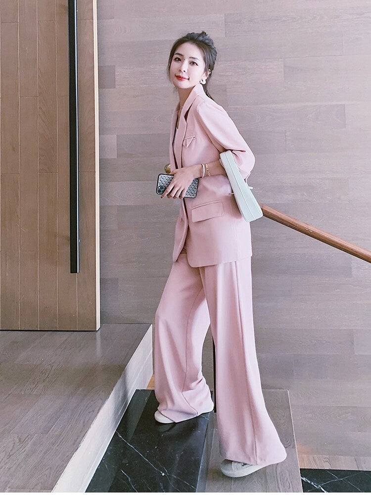 Women Summer Pink/ Black Pantsuit, Designer Blazer and Pants Set for Formal Event Office Work Minimalist Style Gift for her