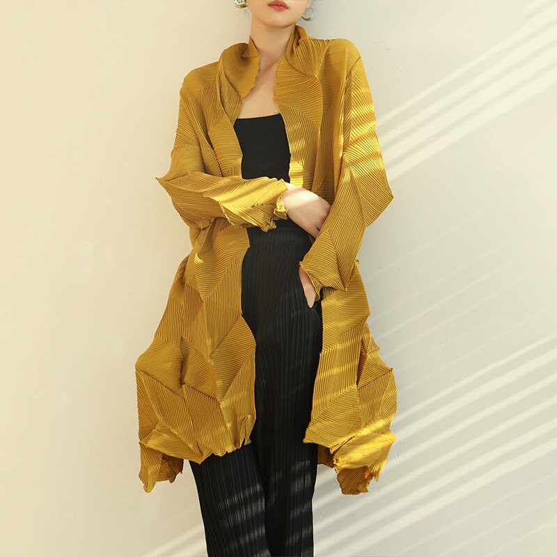 Gray/Black/Yellow Crinkle Pleat Jacket, Women Designer Coat in Dimaond Wrinkle Casual Look for Office Party Event Gift