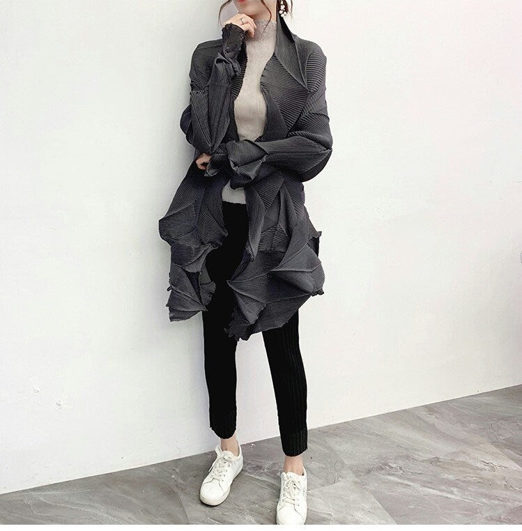 Gray/Black/Yellow Crinkle Pleat Jacket, Women Designer Coat in Dimaond Wrinkle Casual Look for Office Party Event Gift