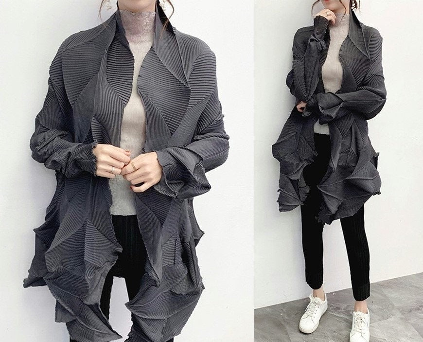 Gray/Black/Yellow Crinkle Pleat Jacket, Women Designer Coat in Dimaond Wrinkle Casual Look for Office Party Event Gift