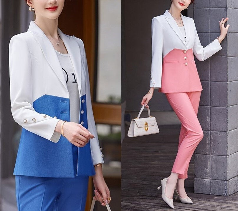 Patchwork Slim Cut Summer Pantsuit, Designer Women Blue/ Pink Blazer & Pants Set Minimalist Cool Style for Formal Event Party Wedding Office