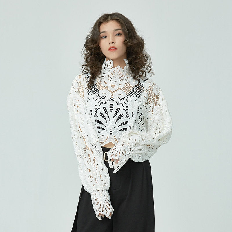 Lace Pattern Blouse, Designer Woman Slim Cut Sleeve See Through Pull Over Top Party Event Wedding Beach Gift