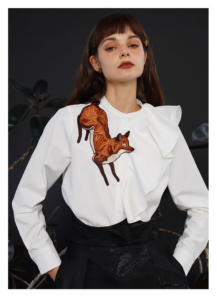 Artistic Woman Blouse Embroidery Wolf Puffy Sleeves Summer Magical Fairy Button Shirt Party Wedding Event Office Outdoors Casual IG KOL