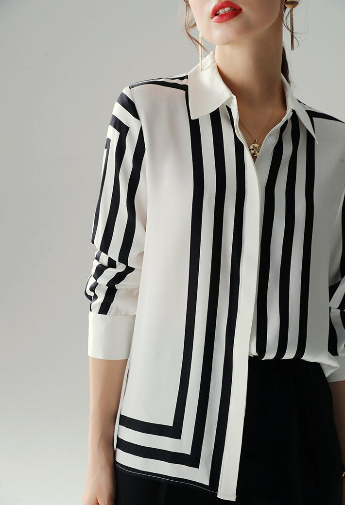 Graphics Design Woman Blouse Geometric Striped Sleeves Summer Button Shirt Formal Party Wedding Event Office Outdoors Casual IG KOL