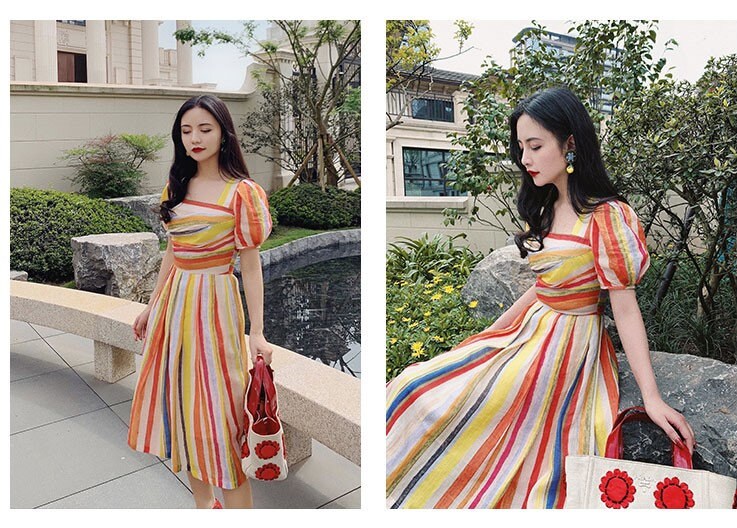 Summer Rainbow Dress, Designer Woman Colorful Long Midi Dress Vintage Classic Style Lantern Sleeve for Casual Outdoor Beach Party Gift