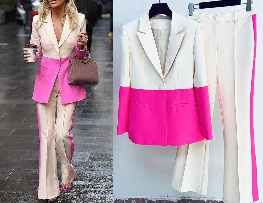 Multi Colored Women Pantsuit Colour-Blocked Woman Formal Suit Hot Pink Light Beige Blazer + Flare Trousers Smart Casual Event Party Gift