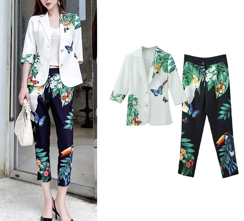 Rainforest Graphics Suitpants, Designer Woman Suit Jacket + Pants in Floral Nature Pattern Short Sleeves for Smart Casual/ Formal