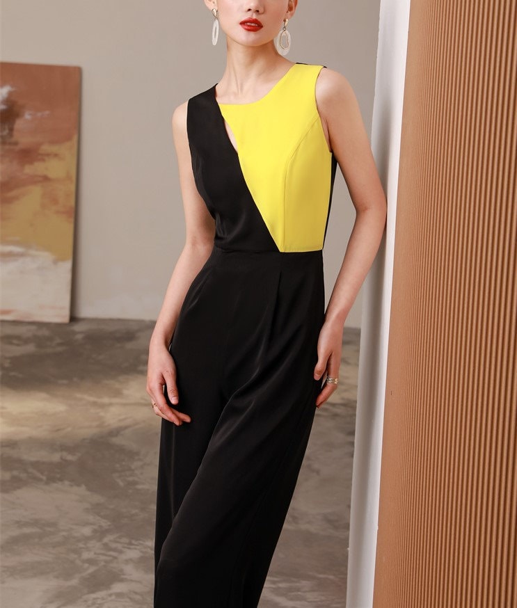 Patchwork Slim Cut Vest Jumpsuit, Designer Women Yellow Black High Rise Straight Wide Leg Smart Casual Formal Event Party Wedding Prom