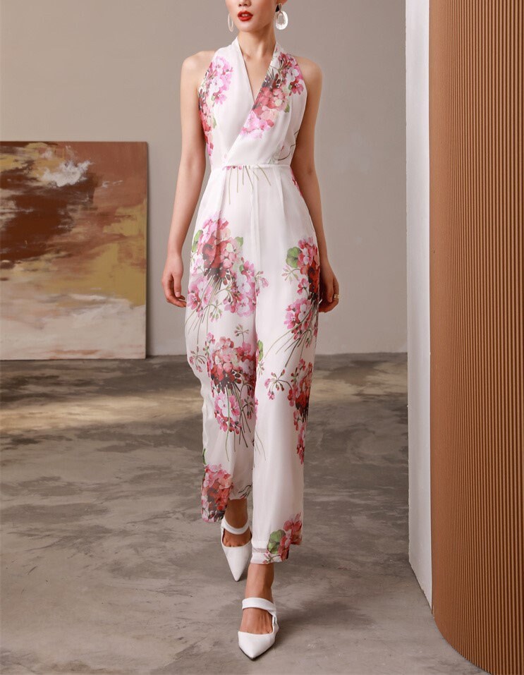 Floral Pattern Slim Cut Silk Vest Jumpsuit, Designer Women Rompers High Rise Straight Wide Leg Smart Casual Formal Event Party Wedding Prom