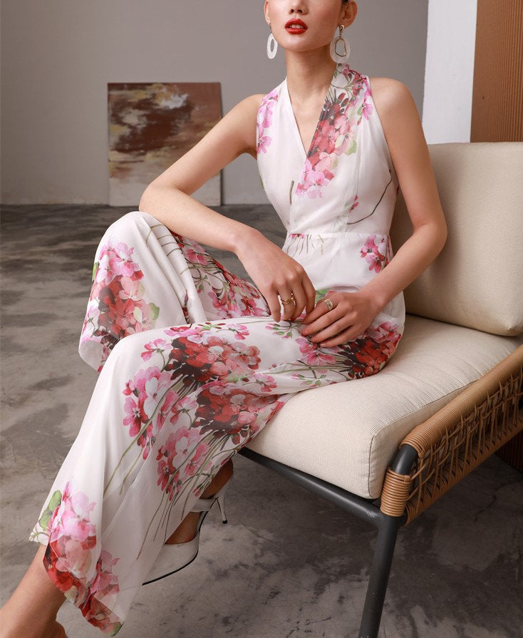 Floral Pattern Slim Cut Silk Vest Jumpsuit, Designer Women Rompers High Rise Straight Wide Leg Smart Casual Formal Event Party Wedding Prom