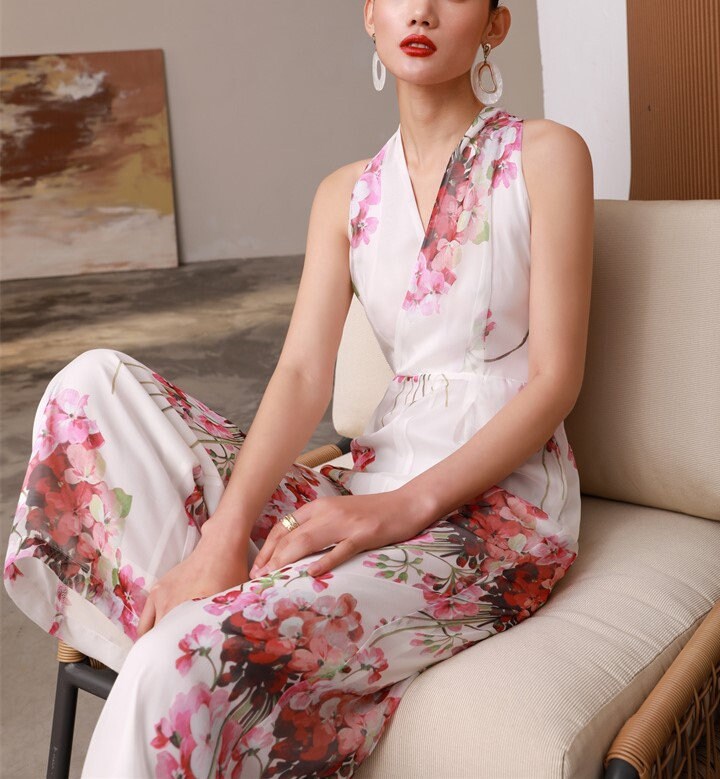 Floral Pattern Slim Cut Silk Vest Jumpsuit, Designer Women Rompers High Rise Straight Wide Leg Smart Casual Formal Event Party Wedding Prom