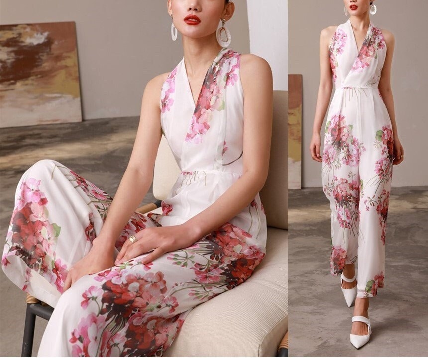 Floral Pattern Slim Cut Silk Vest Jumpsuit, Designer Women Rompers High Rise Straight Wide Leg Smart Casual Formal Event Party Wedding Prom