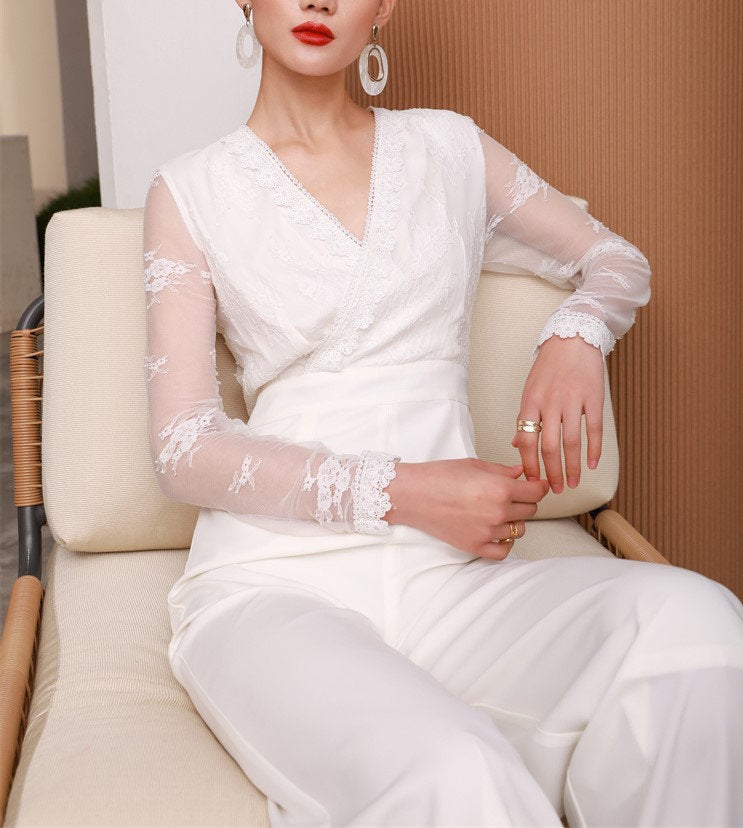 White Lace Sleeves Slim Cut Silk Jumpsuit, Designer Women Rompers High Rise Straight Wide Leg Smart Casual Formal Event Party Wedding Prom