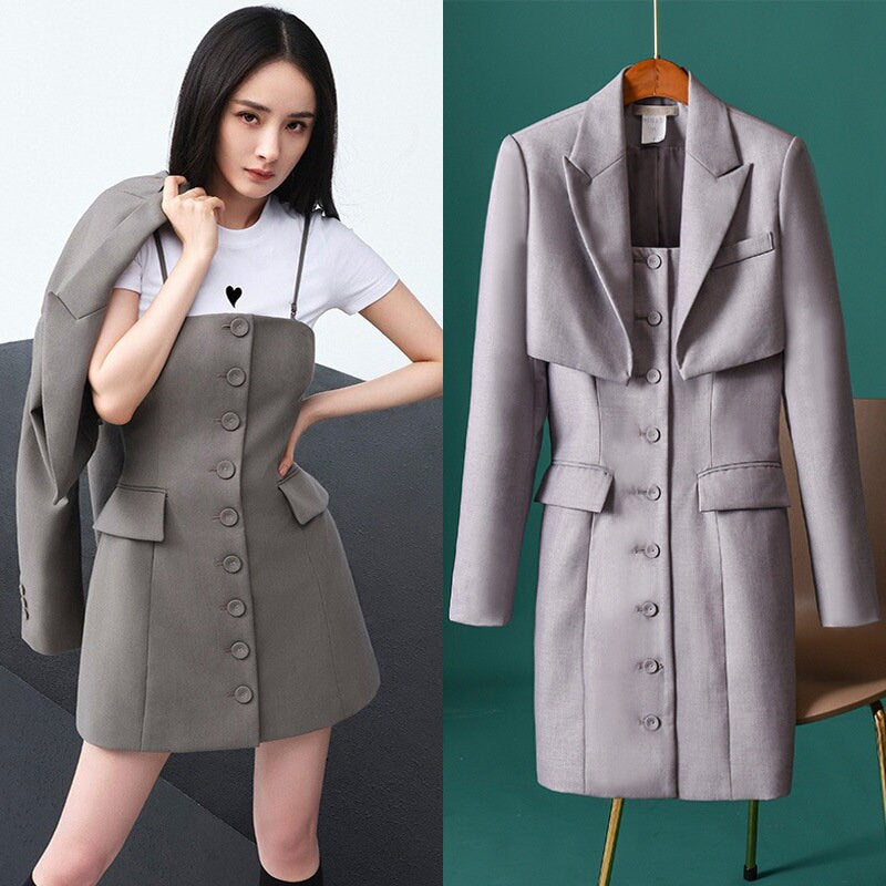 Gray Dress Suit Short Blazer One Piece Overall Dress Slim Cut Smart Casual Formal Event Party Business Meeting look Gift