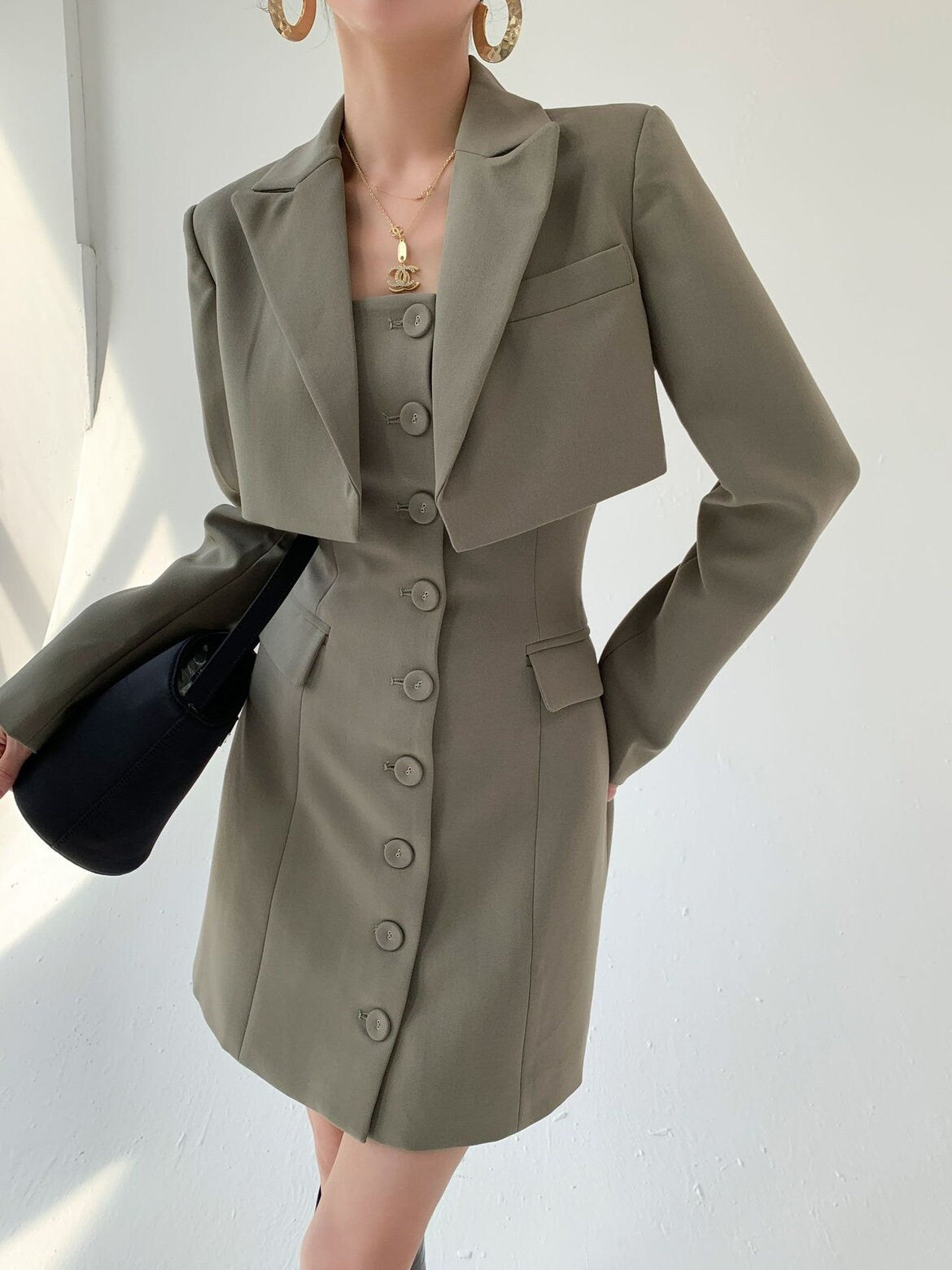 Gray Dress Suit Short Blazer One Piece Overall Dress Slim Cut Smart Casual Formal Event Party Business Meeting look Gift