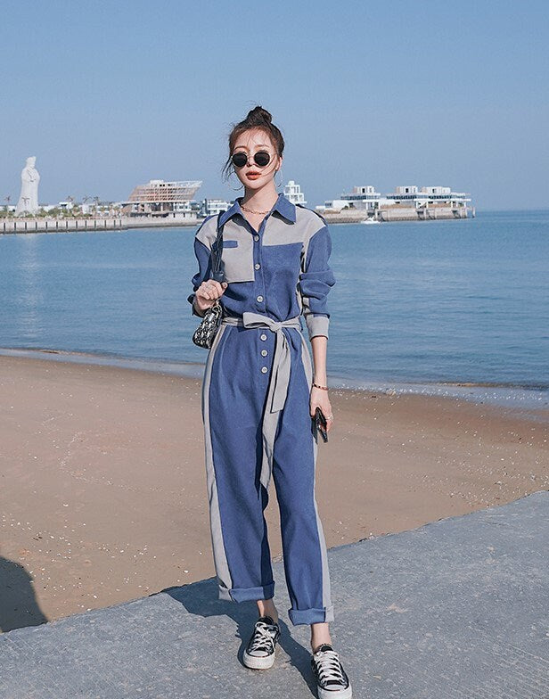 Blue Patchwork Jumpsuit, Woman Rompers Street Smart Casual Asymmetrical Overalls Holiday Playsuit for Outdoors Wedding Prom Party Gift