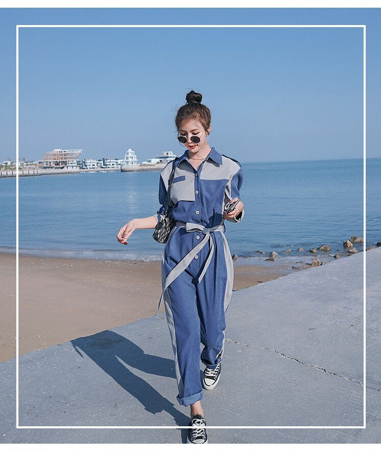 Blue Patchwork Jumpsuit, Woman Rompers Street Smart Casual Asymmetrical Overalls Holiday Playsuit for Outdoors Wedding Prom Party Gift