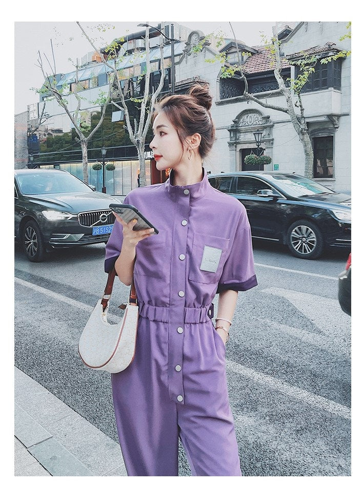 Purple Minimalist Jumpsuit, Woman Rompers Street Smart Casual High Rise Overalls Holiday Playsuit Outdoors Wedding Prom Party Gift