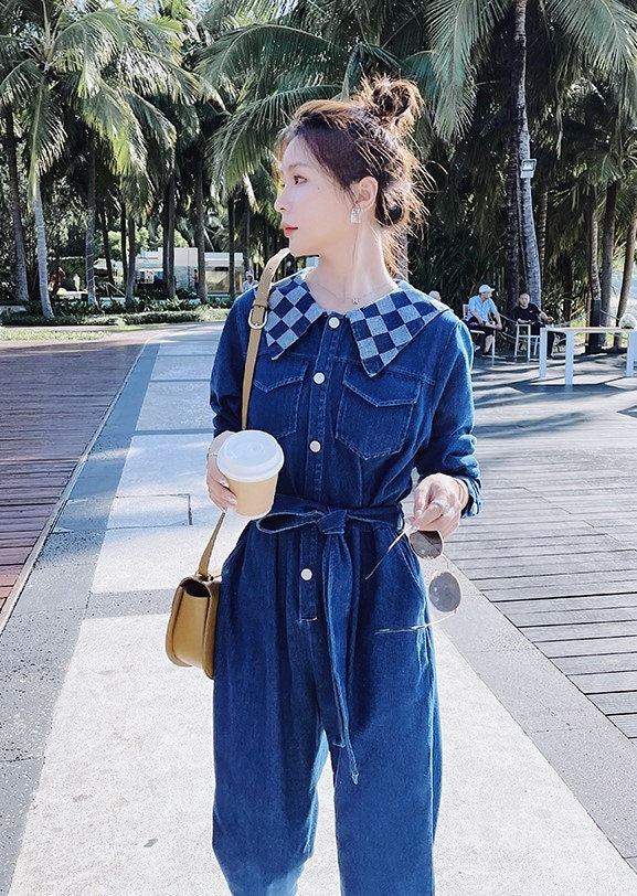 Denim Jumpsuit Checkered Collar, Woman Unique Rompers Street Smart Casual High Rise Overalls Holiday Playsuit Outdoors Wedding Party Gift