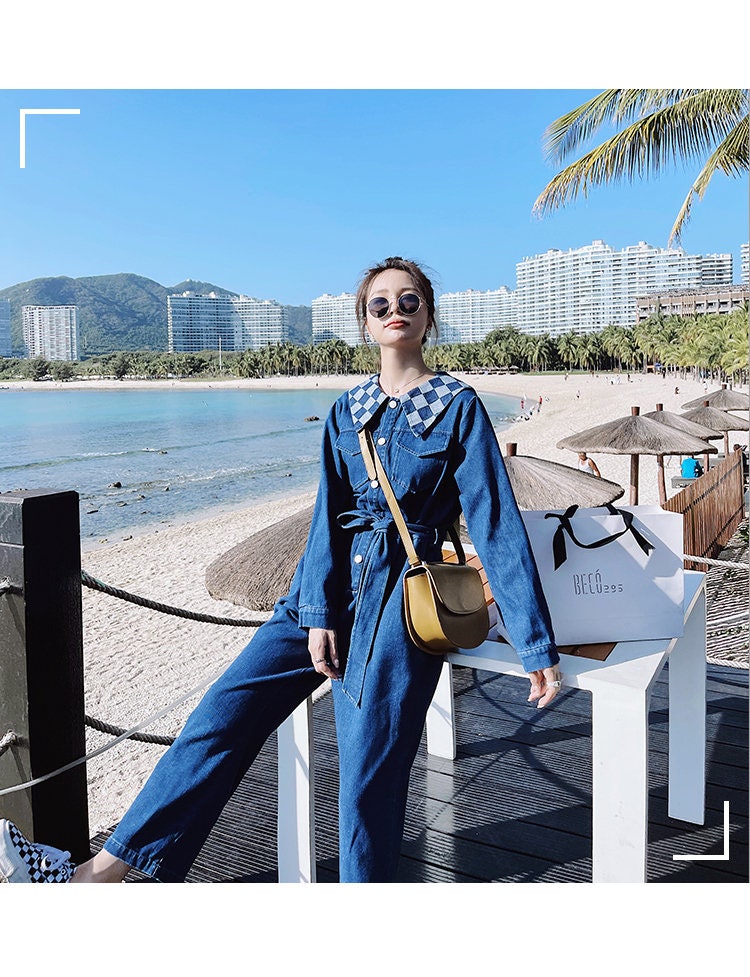 Denim Jumpsuit Checkered Collar, Woman Unique Rompers Street Smart Casual High Rise Overalls Holiday Playsuit Outdoors Wedding Party Gift