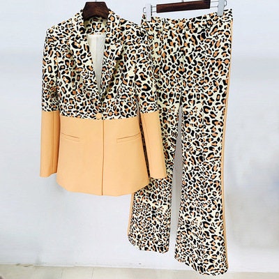 Yellow + Hot Pink Colored Women Pantsuit Colour-Blocked Blazer + Flare Trousers Suit Formal Smart Casual Event Party Gift