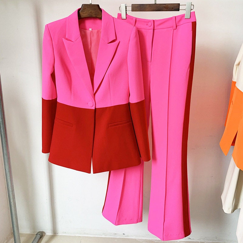 Yellow + Hot Pink Colored Women Pantsuit Colour-Blocked Blazer + Flare Trousers Suit Formal Smart Casual Event Party Gift