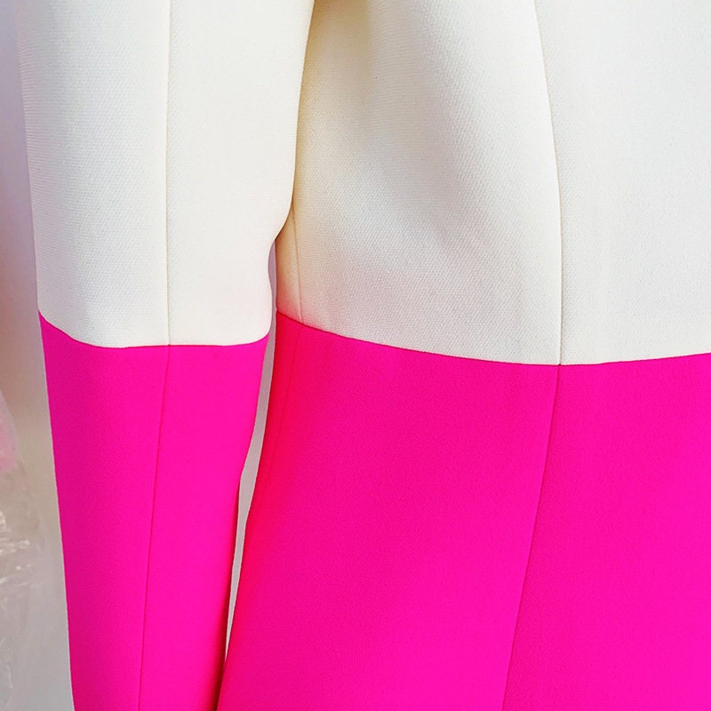 Yellow + Hot Pink Colored Women Pantsuit Colour-Blocked Blazer + Flare Trousers Suit Formal Smart Casual Event Party Gift