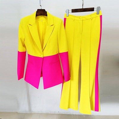 Yellow + Hot Pink Colored Women Pantsuit Colour-Blocked Blazer + Flare Trousers Suit Formal Smart Casual Event Party Gift