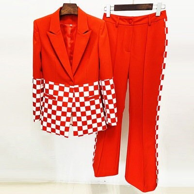 Designer Pantsuit, Women Red Checked Pattern Blazer + Mid-High Rise Flare Trousers Suit US Size 0-10 for Event Party Wedding