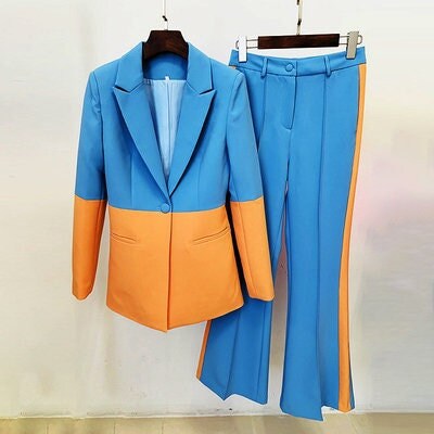 Designer Pantsuit, Women Sky Blue and Orange Colour- Blocked Crash Blazer + Mid-High Rise Flare Pants Suit Office Wear Event Party Wedding