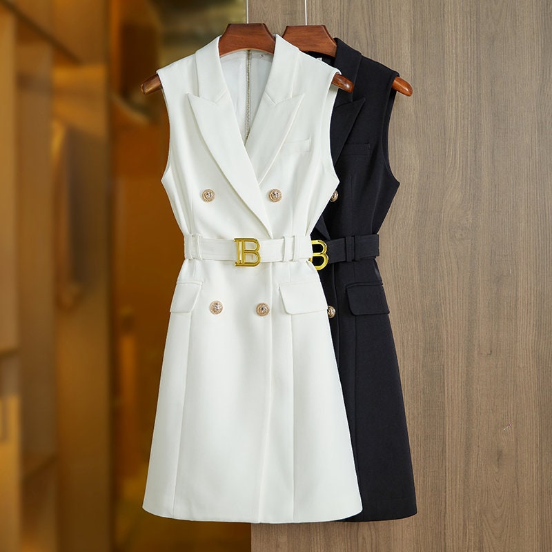 Women's Sleeveless Belted Golden Button White Designer Mini Dress Black White 2 Colours Smart Casual Formal Event Party Wedding Gift KOL