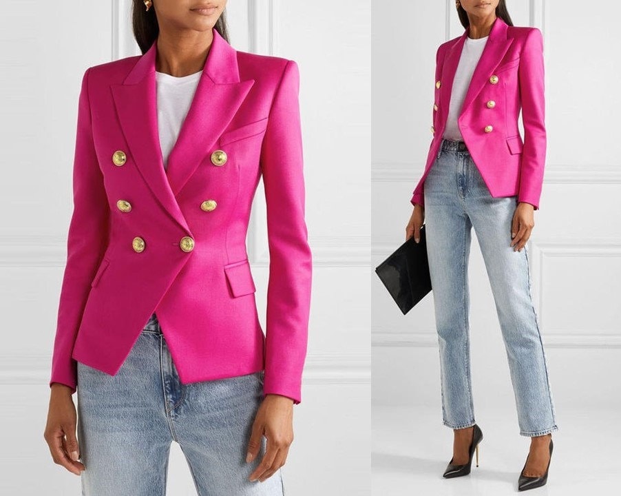 Designer Women's Fitted Golden Buttons Blazer Neon Hot Pink Smart Casual Formal Office Wedding Party Event Gift