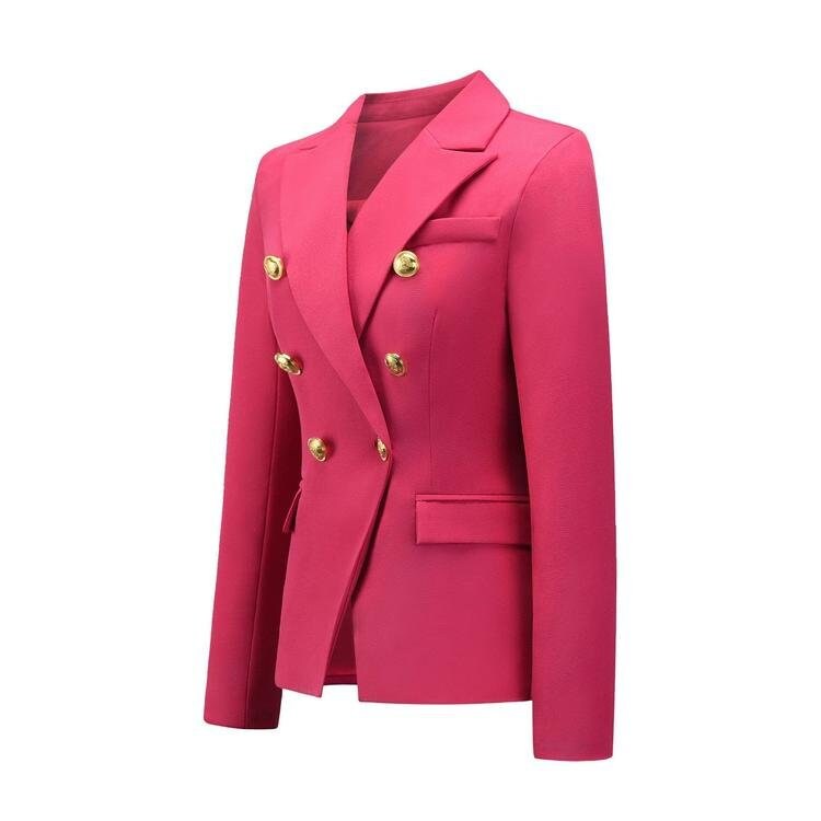 Designer Women's Fitted Golden Buttons Blazer Neon Hot Pink Smart Casual Formal Office Wedding Party Event Gift