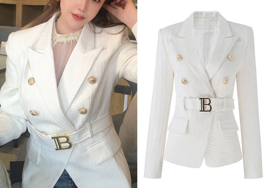 Designer Women's Golden Lion Buttons Fitted Belted Suit Jacket White/ Black Blazer Smart Casual Formal Event Party Wedding Prom KOL IG FGift