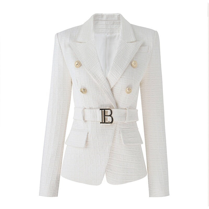 Designer Women's Golden Lion Buttons Fitted Belted Suit Jacket White/ Black Blazer Smart Casual Formal Event Party Wedding Prom KOL IG FGift