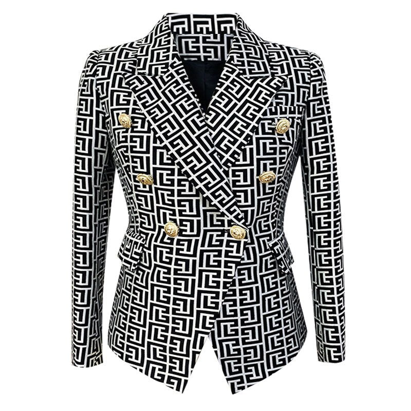 Designer Women's Golden Lion Buttons Maze Pattern Fitted Blazer Jacket Pink Smart Casual Formal Office Wedding Event Party KOL IG Gift