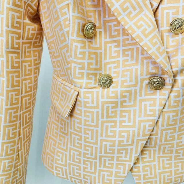 Women's Golden Lion Buttons Maze Pattern Fitted Blazer Jacket Blue Yellow Event Party Office Work Wedding KOL IG Gift