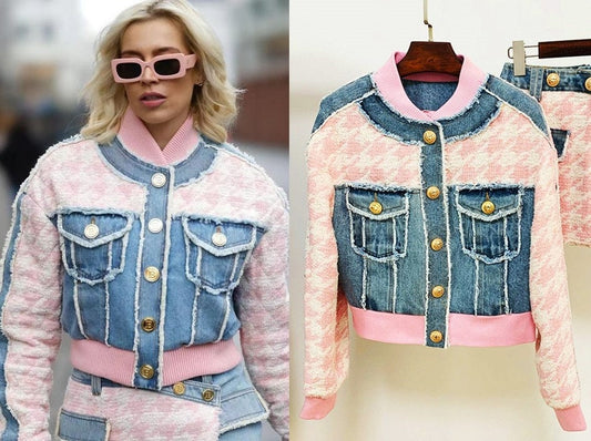 Designer Women Luxury Denim Pink Houndstooth Tweed Jacket Coat Top + Mini Skirt 2 Piece Suit Office Outdoors Casual Event Party KOL IG Gift