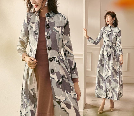 Japanese Cranes Pattern Trench Coat, Designer Woman Long Raincoat Elegant Outdoors Event Party Birthday Wedding Gift