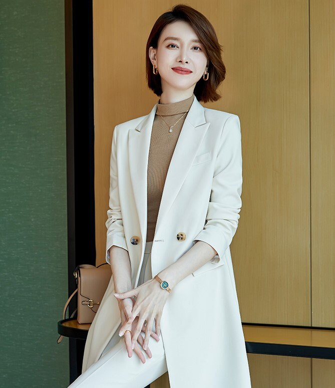 Women Long Coat + Pants Pantsuit in Extra Large Khaki/ Beige/ Black, Women Blazer Suit Jacket and Pants for Event Party Formal Office Gift