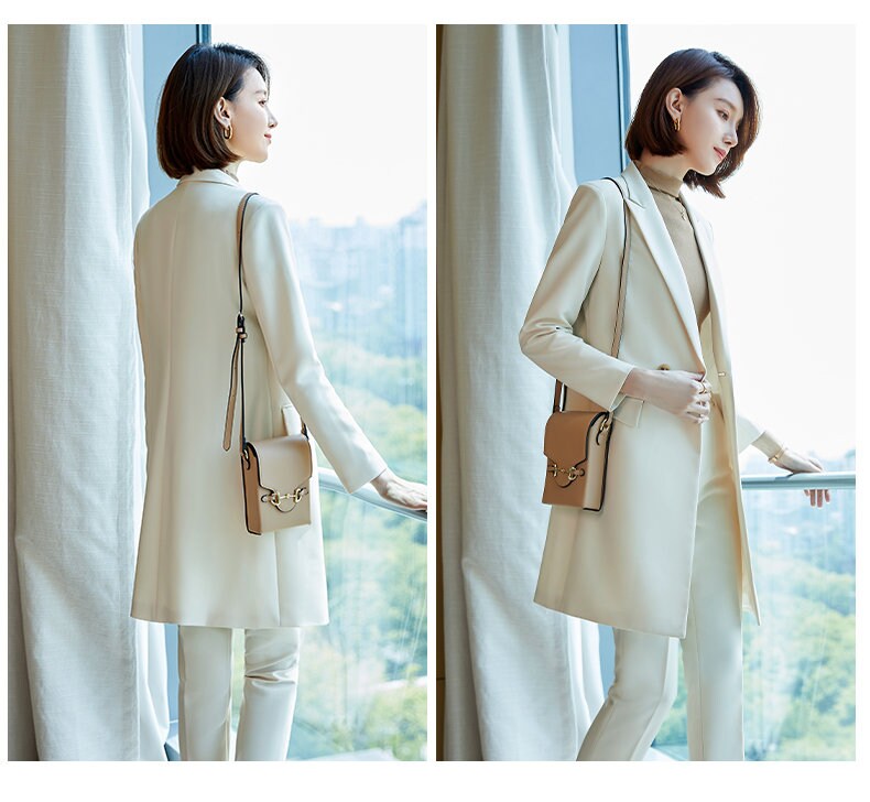 Women Long Coat + Pants Pantsuit in Extra Large Khaki/ Beige/ Black, Women Blazer Suit Jacket and Pants for Event Party Formal Office Gift